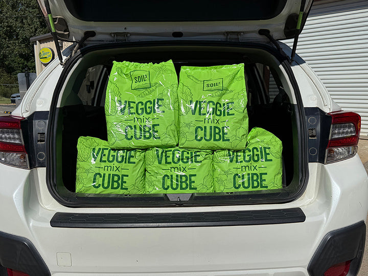 Green bags labeled 'Veggie Mix Cube' in the trunk of a white car.