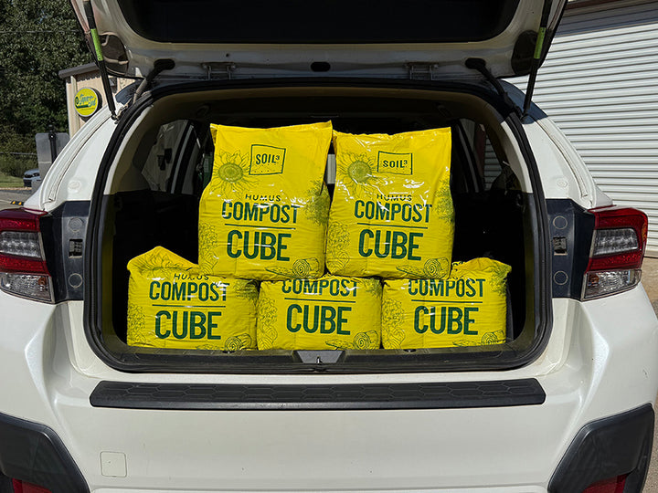 Yellow compost cube packages in the trunk of a white car